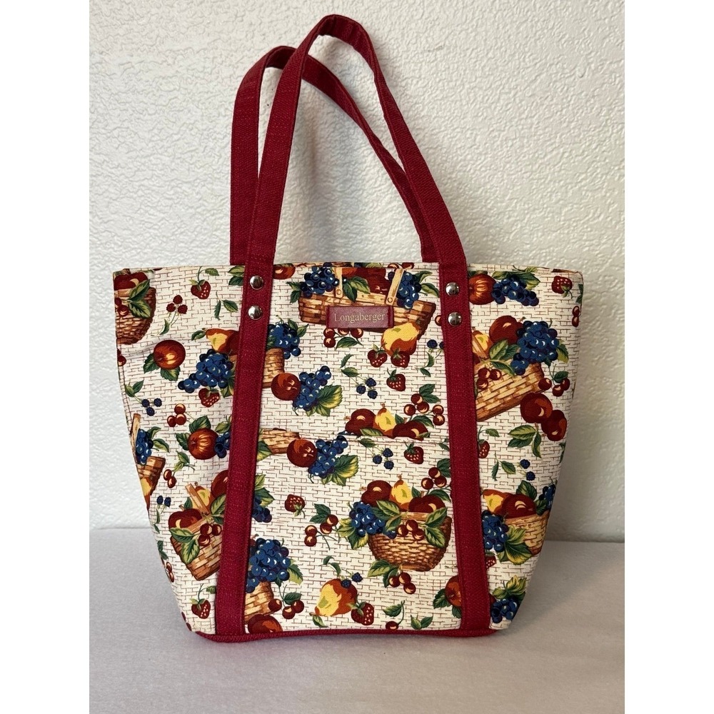 Longaberger‎ Homestead Fruit Basket Print Fabric Tote Bag Red Cream Cottagecore